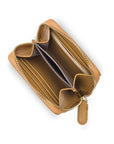 Small zip around woven leather accordion purse, caramel, interior