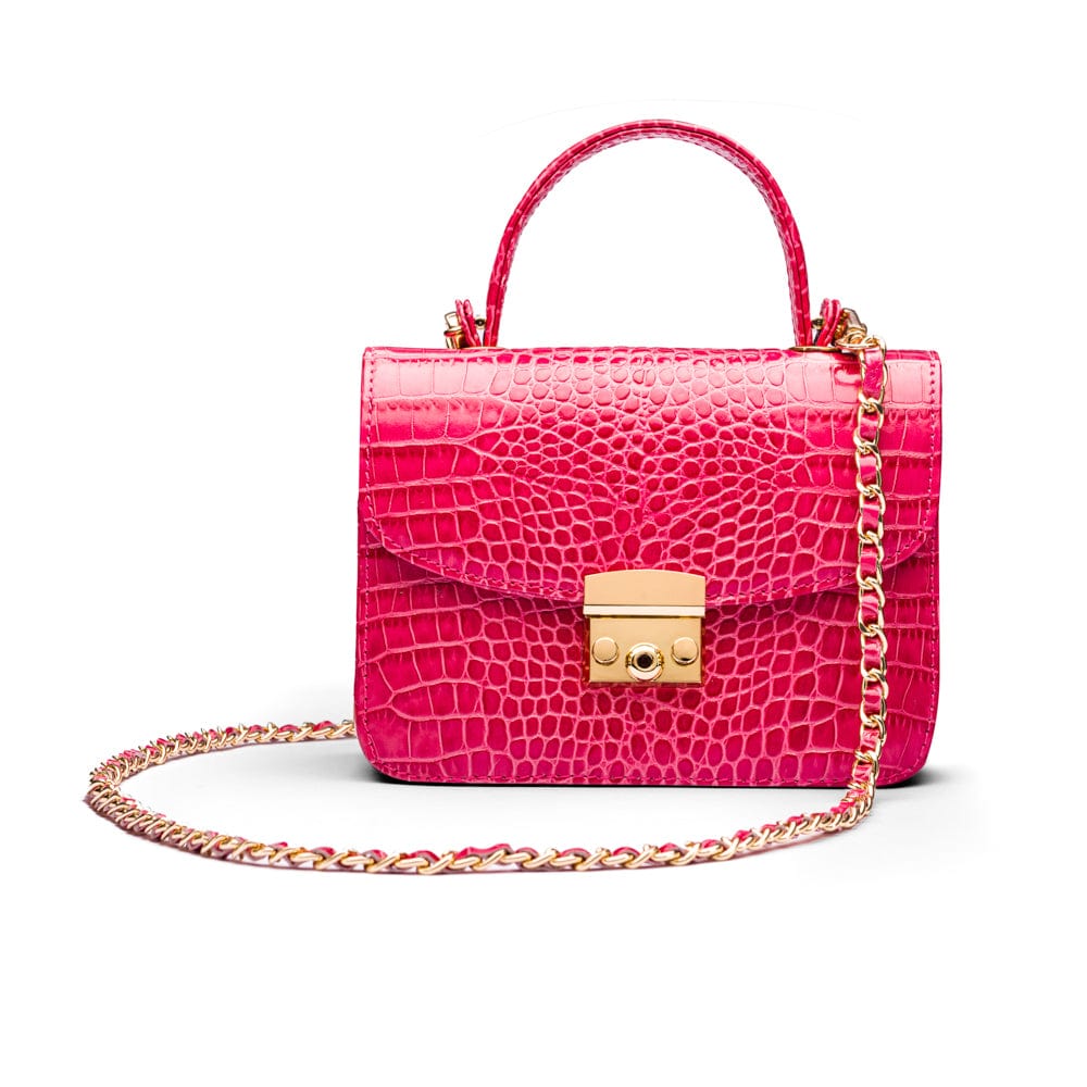 Mini Top Handle Bag, Cerise Pink Croc, front