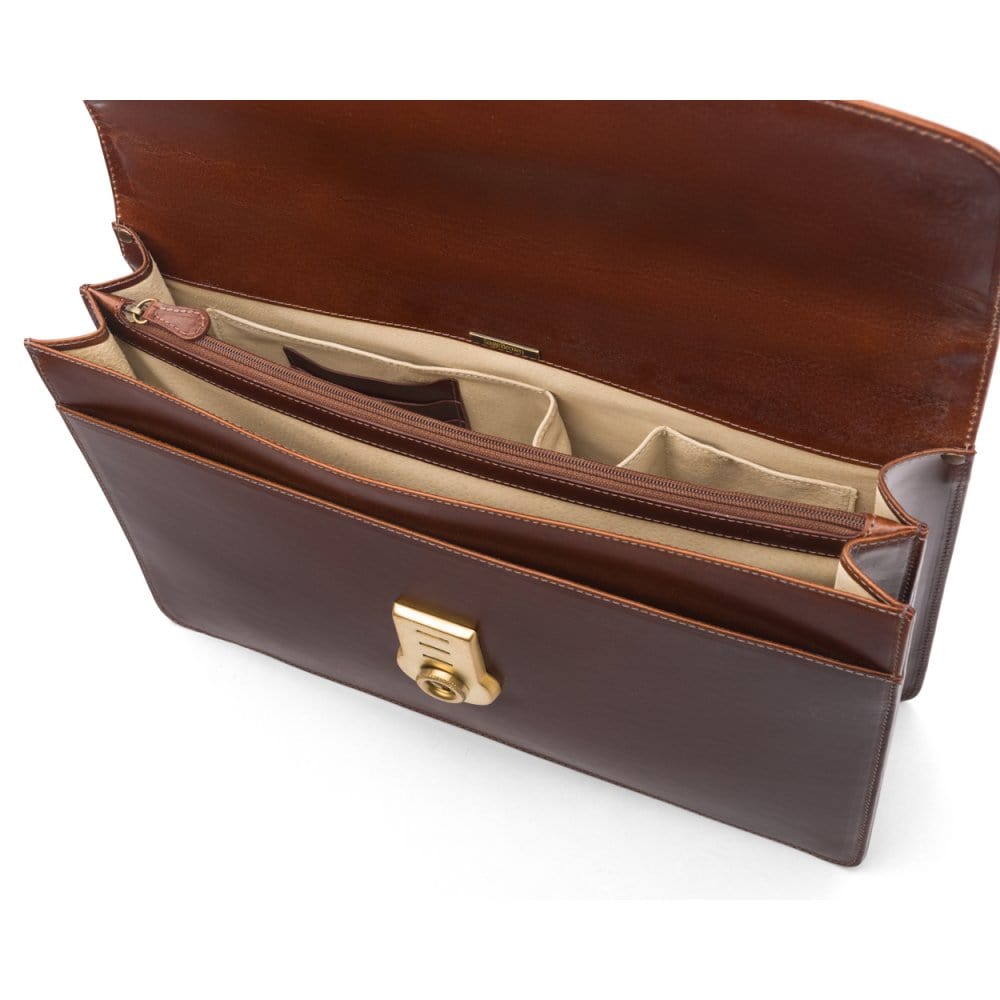 Bridle hide briefcase with brass lock, Harvard, chestnut tan, inside