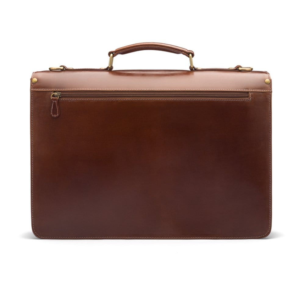 Bridle hide briefcase with brass lock, Harvard, chestnut tan, back