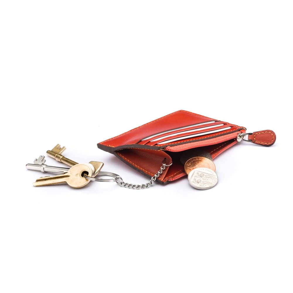 Leather card case with zip coin purse and key chain, chestnut tan, inside
