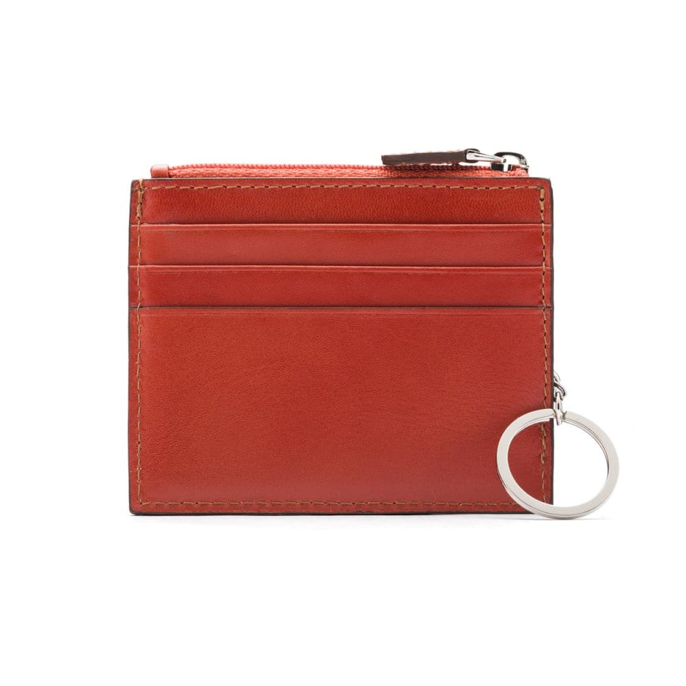 Leather card case with zip coin purse and key chain, chestnut tan, front