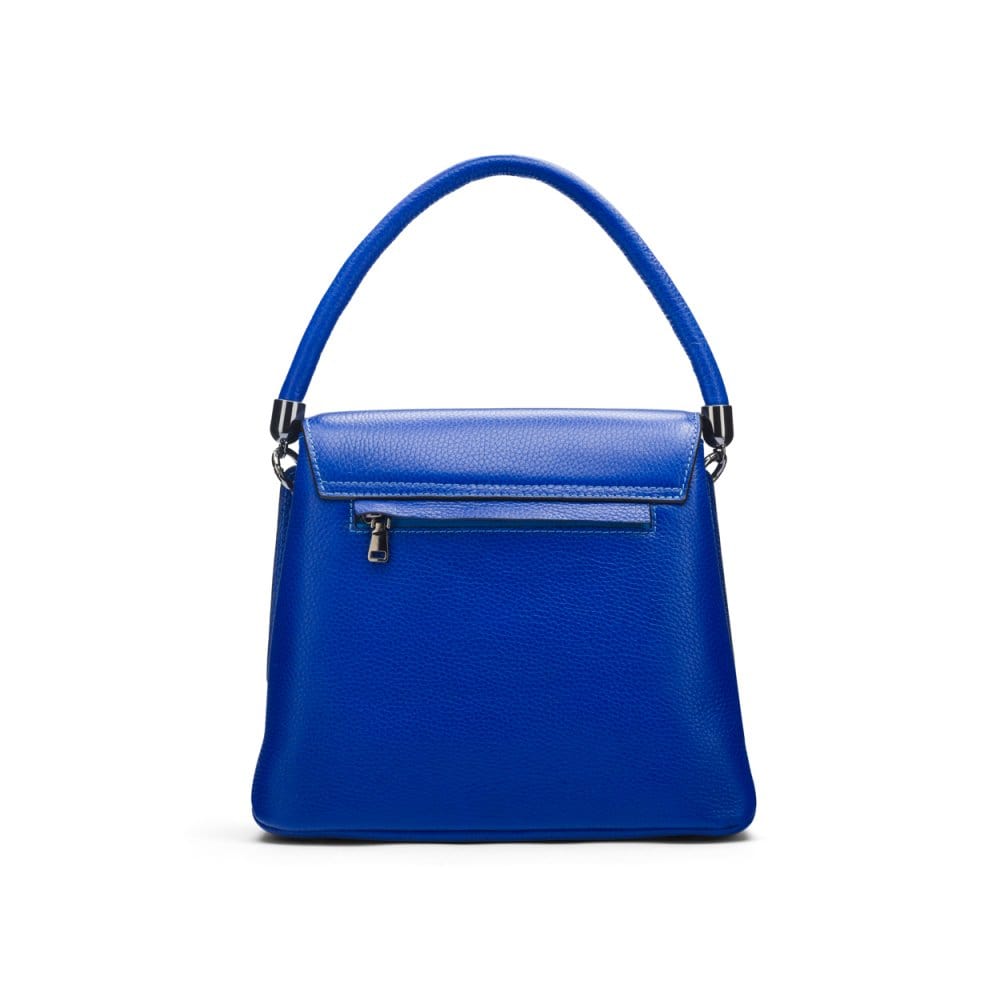 Leather handbag with flap over lid, cobalt blue, back view