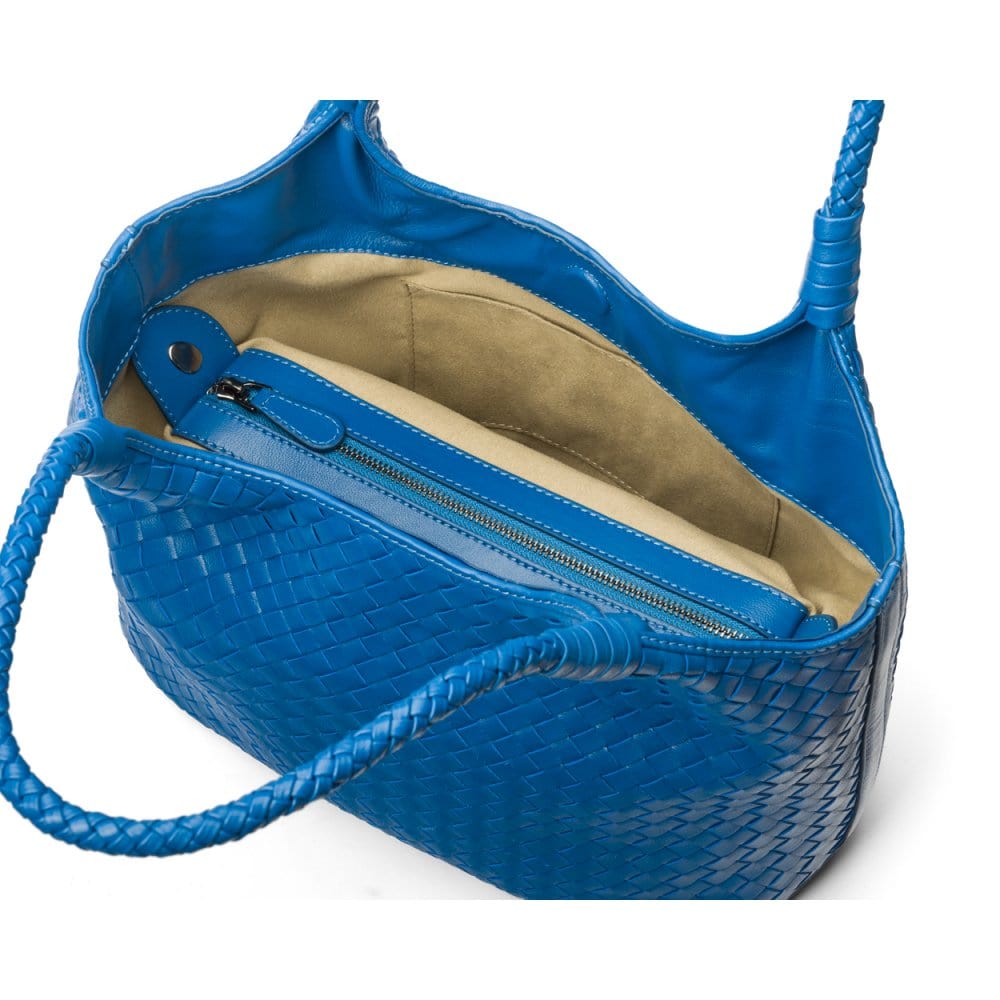 Woven leather shoulder bag, cobalt, inside