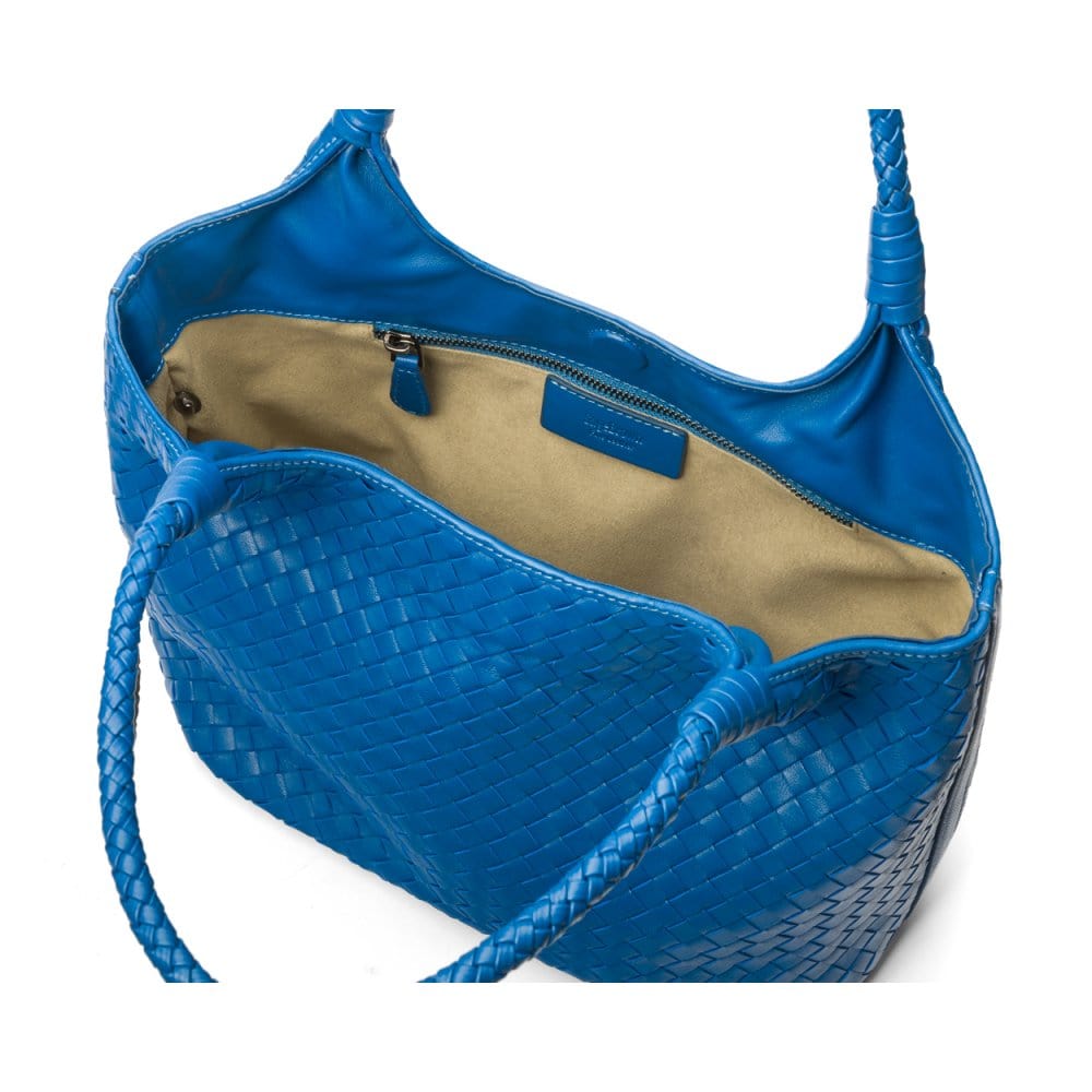 Woven leather shoulder bag, cobalt, open