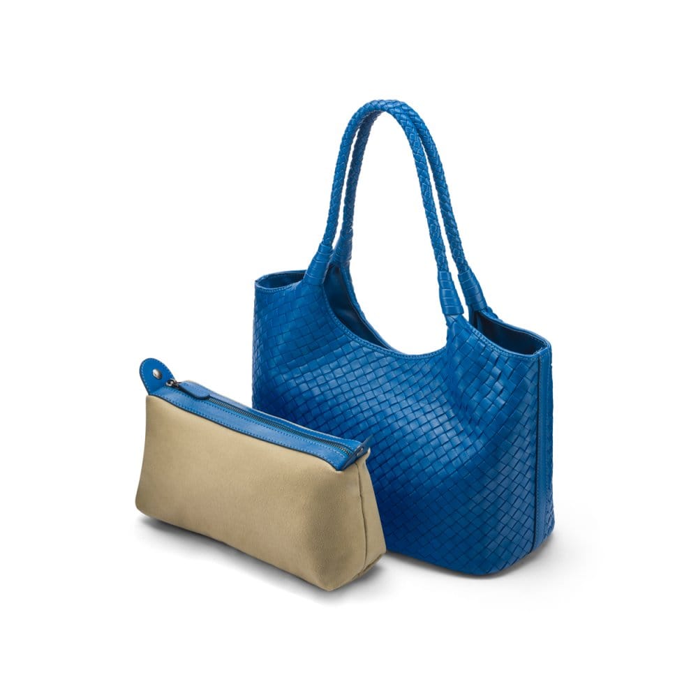 Woven leather shoulder bag, cobalt, with detachable inner bag