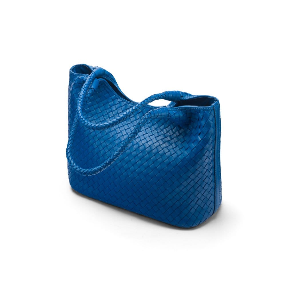 Woven leather shoulder bag, cobalt
