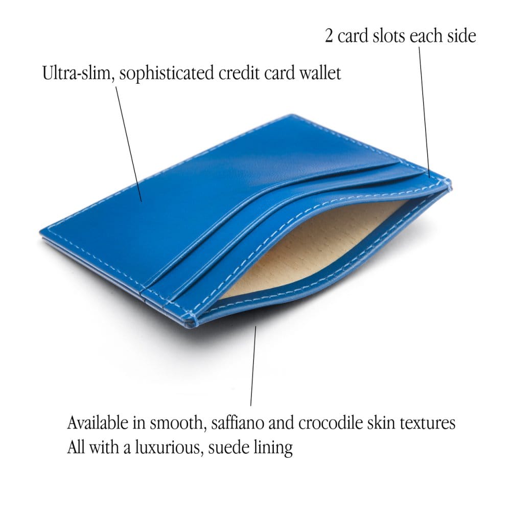 Flat leather credit card wallet 4 CC, cobalt, features