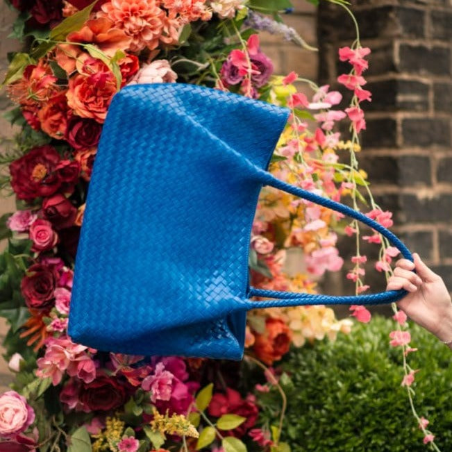 Woven leather slouchy bag, cobalt, lifestyle