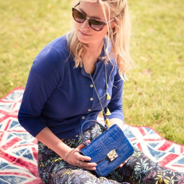 Small leather top handle bag, cobalt croc, lifestyle