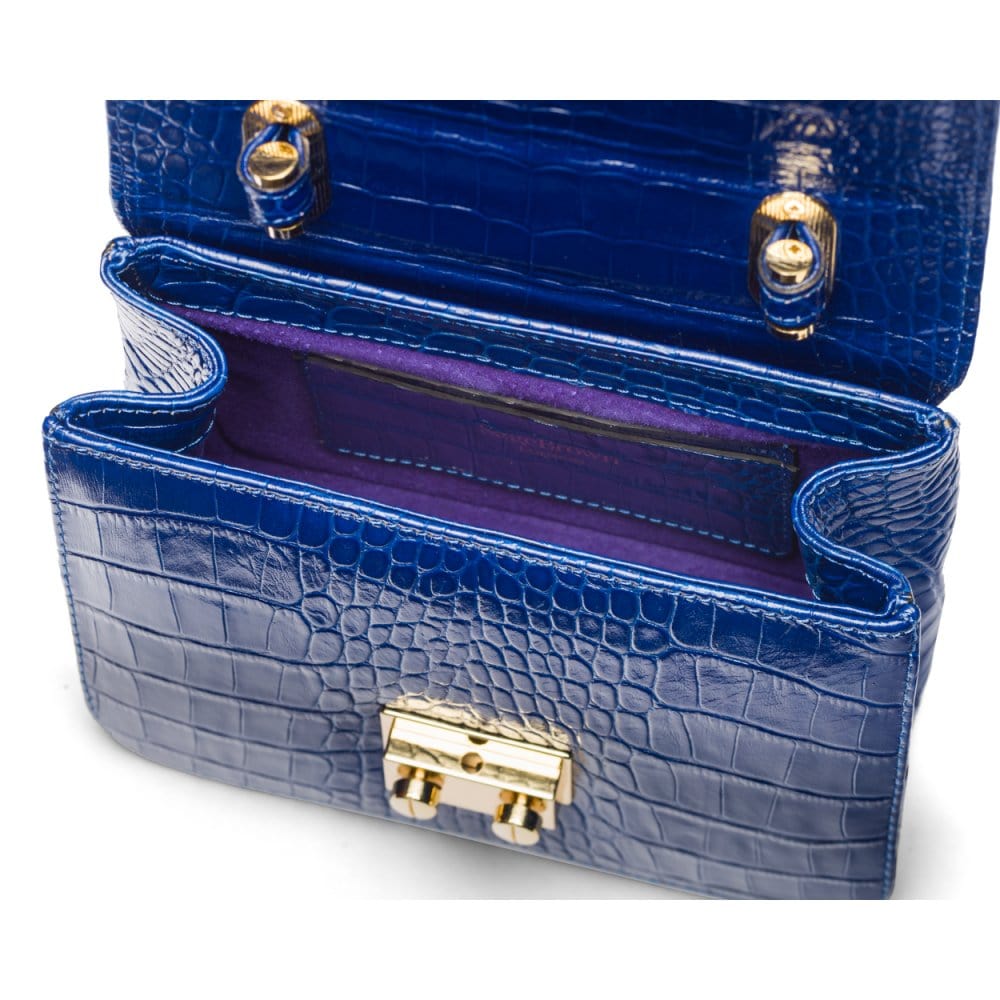 Small leather top handle bag, cobalt croc, inside