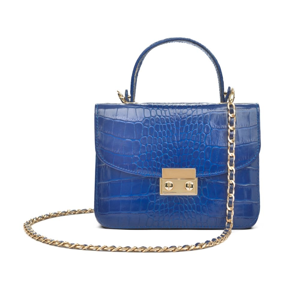 Small leather top handle bag, cobalt croc, with chain strap