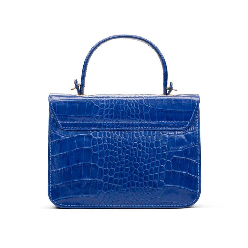 Small leather top handle bag, cobalt croc, back