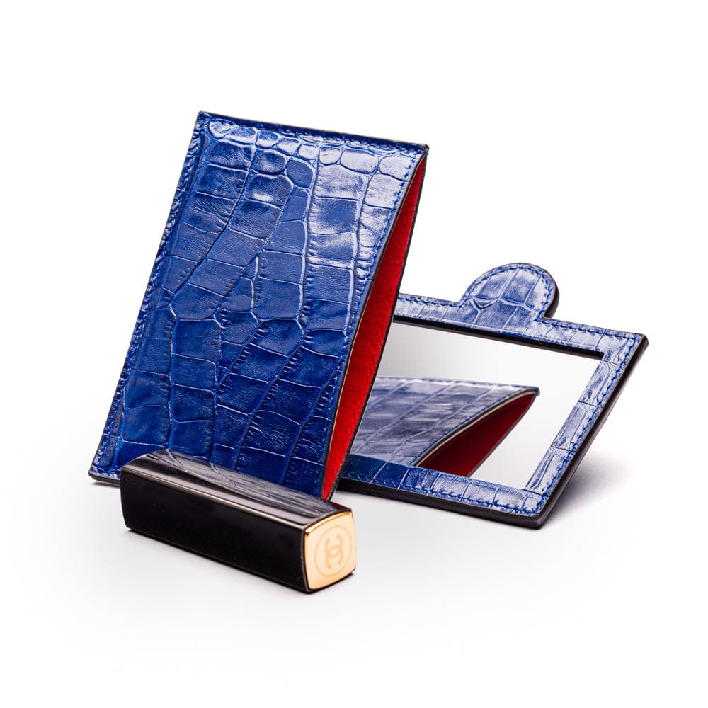 Compact leather mirror, cobalt croc