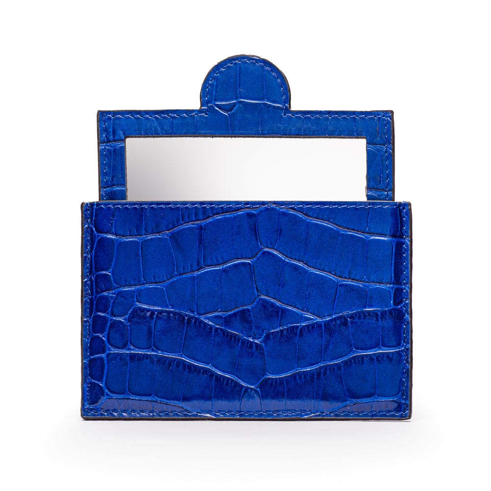 Compact leather mirror, cobalt croc