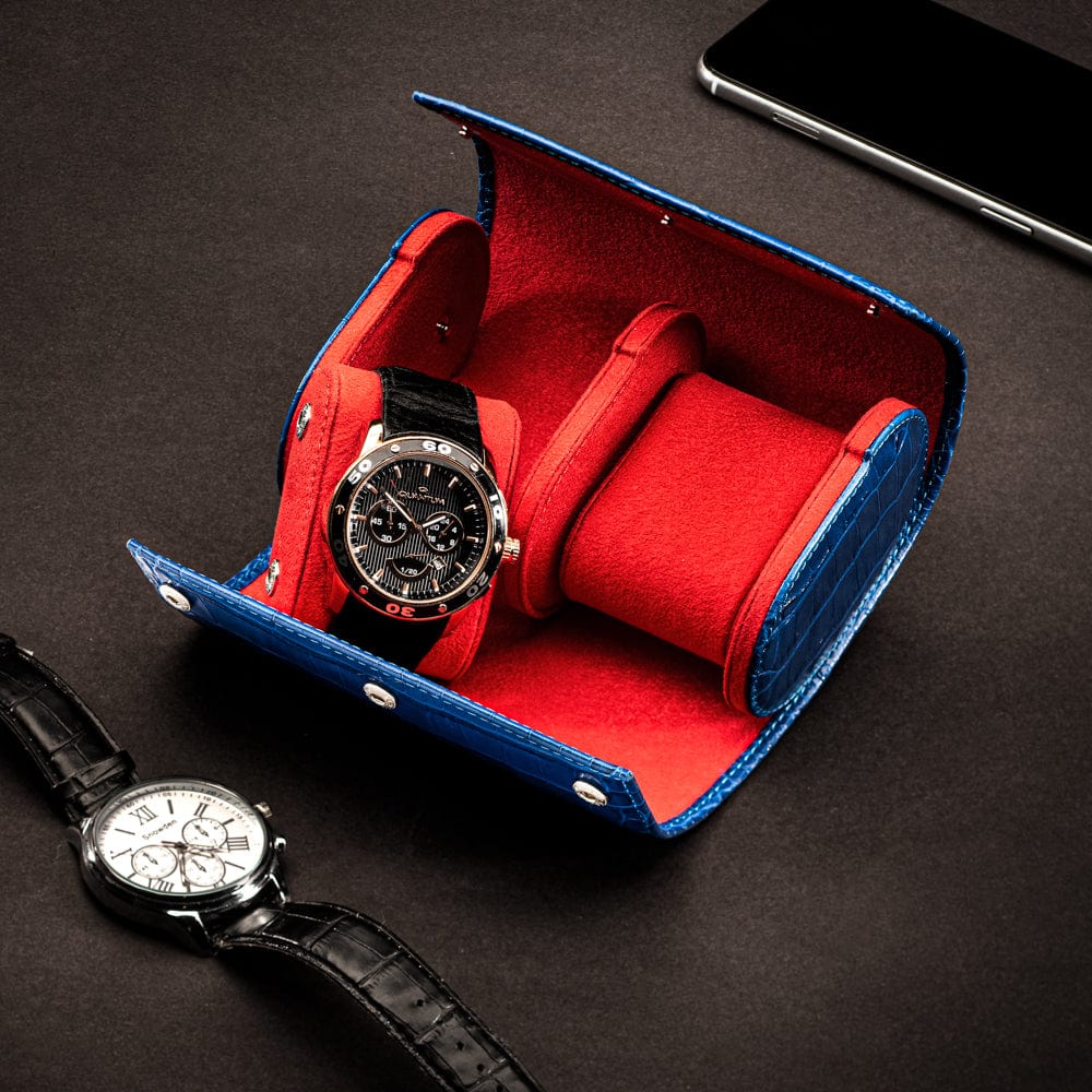 Double watch roll, cobalt croc, lifestyle