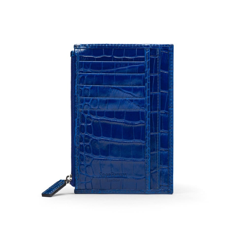 Flat leather card wallet with jotter and zip pocket, cobalt croc, back