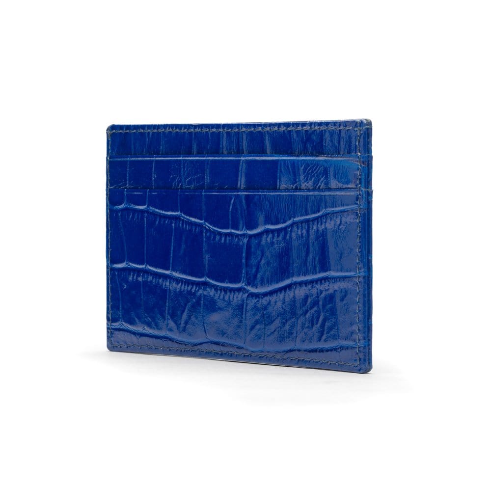 Flat leather credit card wallet 4 CC, cobalt croc, side