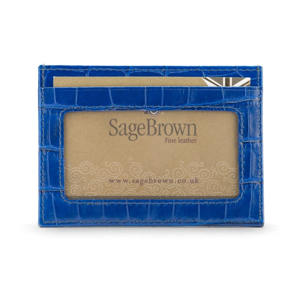 Flat leather card wallet with ID window, cobalt croc,, front