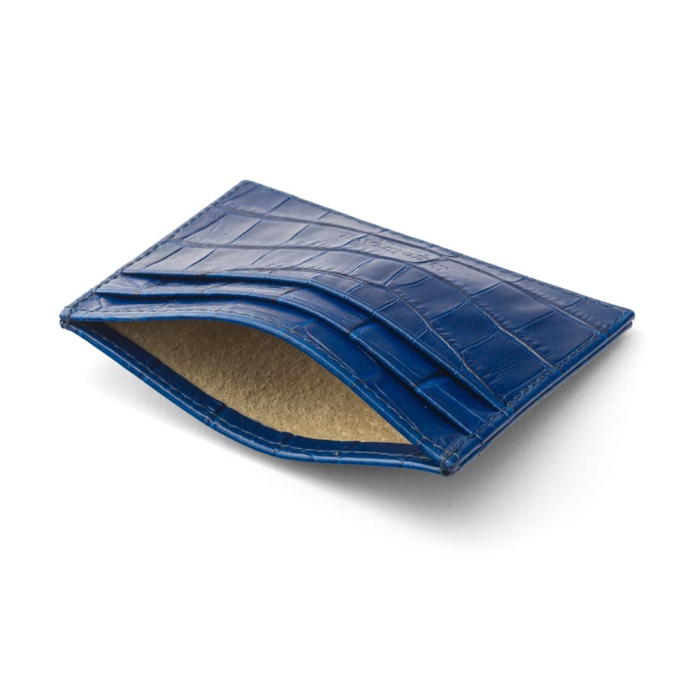 Flat leather card wallet with ID window, cobalt croc, back
