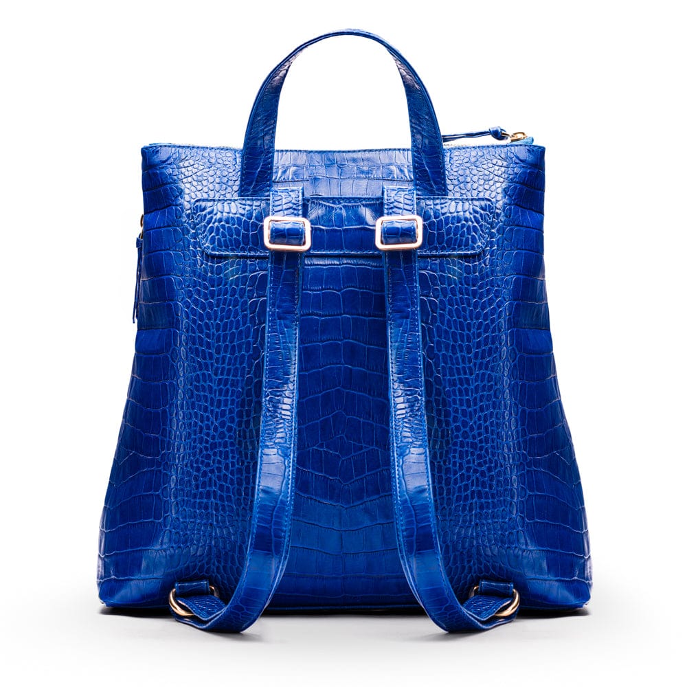 Leather 13" laptop backpack, cobalt croc, back view