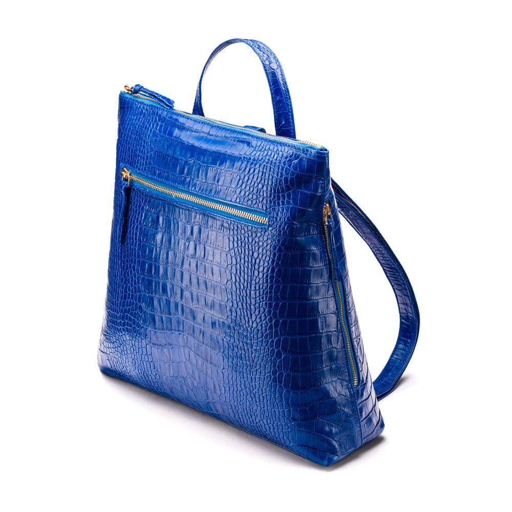 Leather 13" laptop backpack, cobalt croc, side view