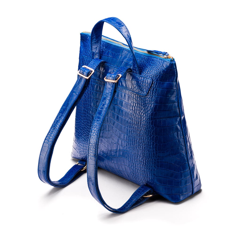 Leather 13" laptop backpack, cobalt croc, back view