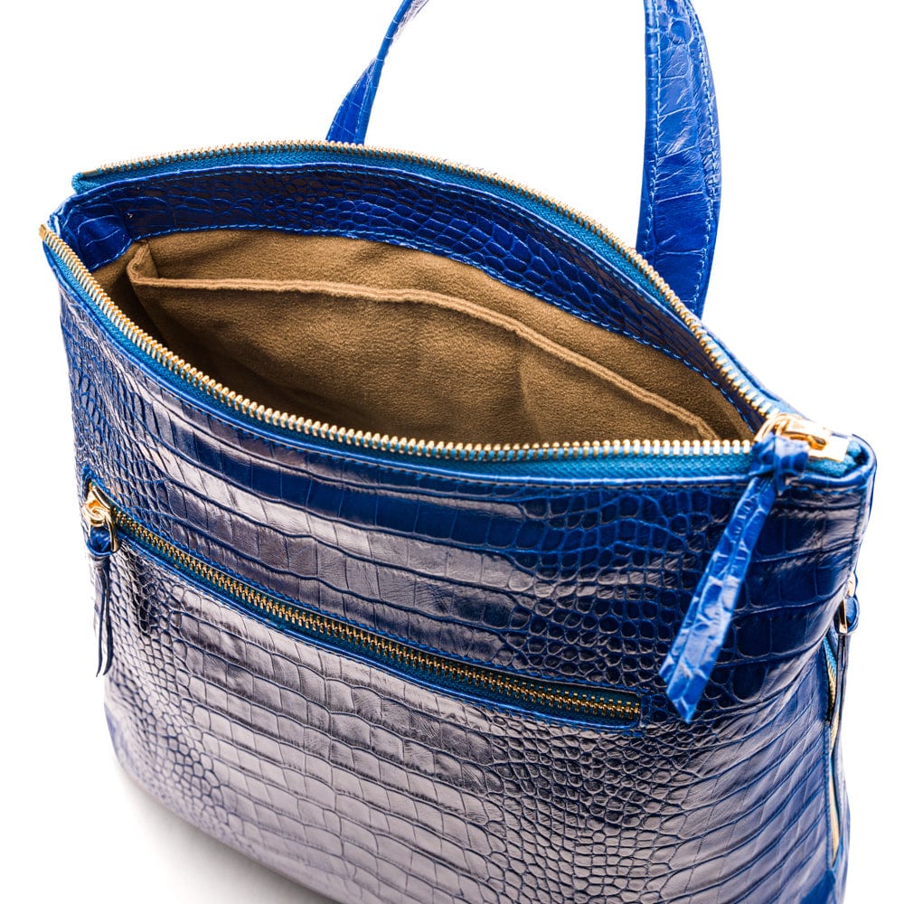 Leather 13" laptop backpack, cobalt croc, inside view
