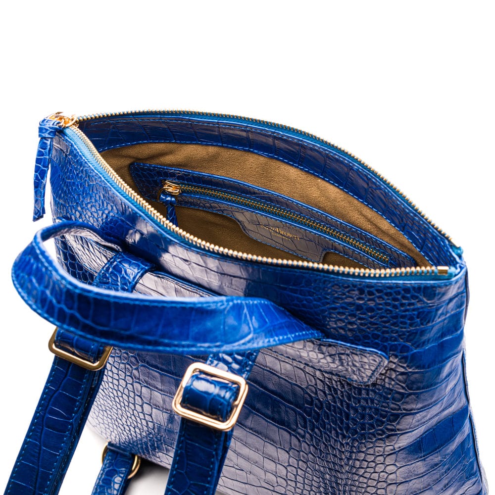 Leather 13" laptop backpack, cobalt croc, inside view