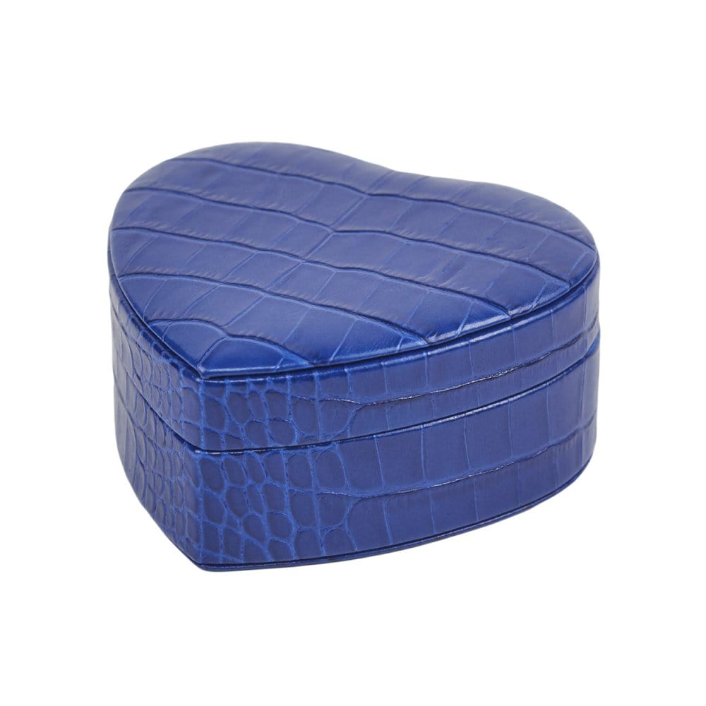 Leather heart shaped jewellery box, cobalt croc, side