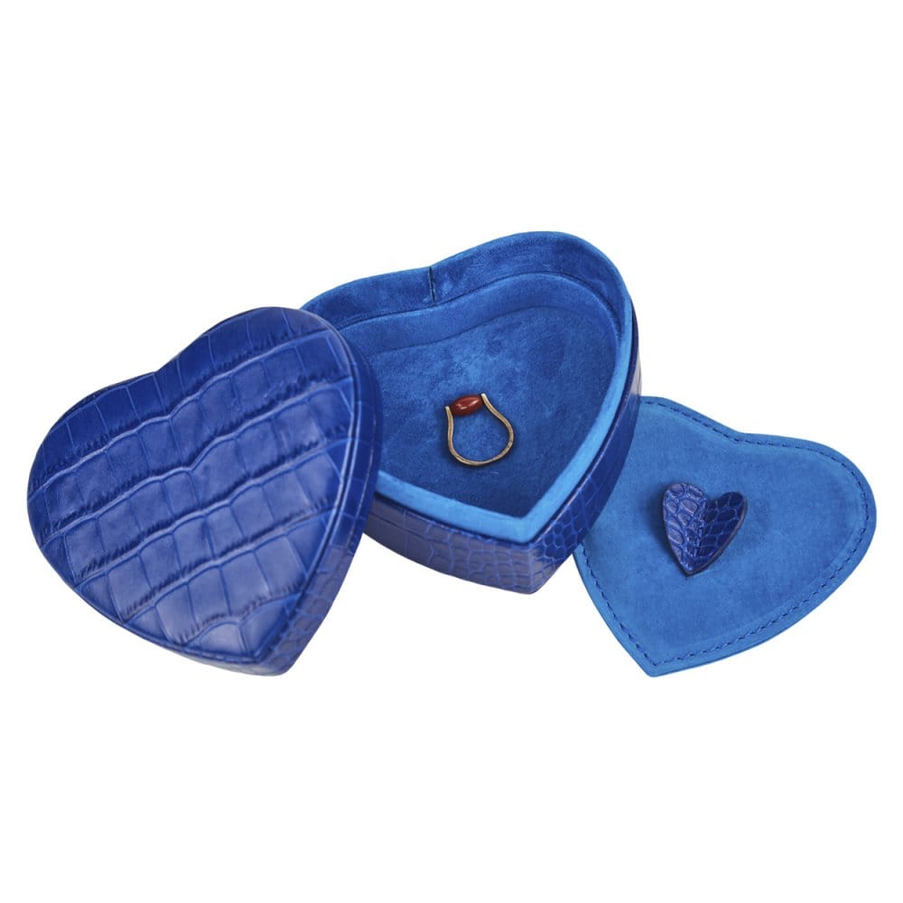 Leather heart shaped jewellery box, cobalt croc, inside