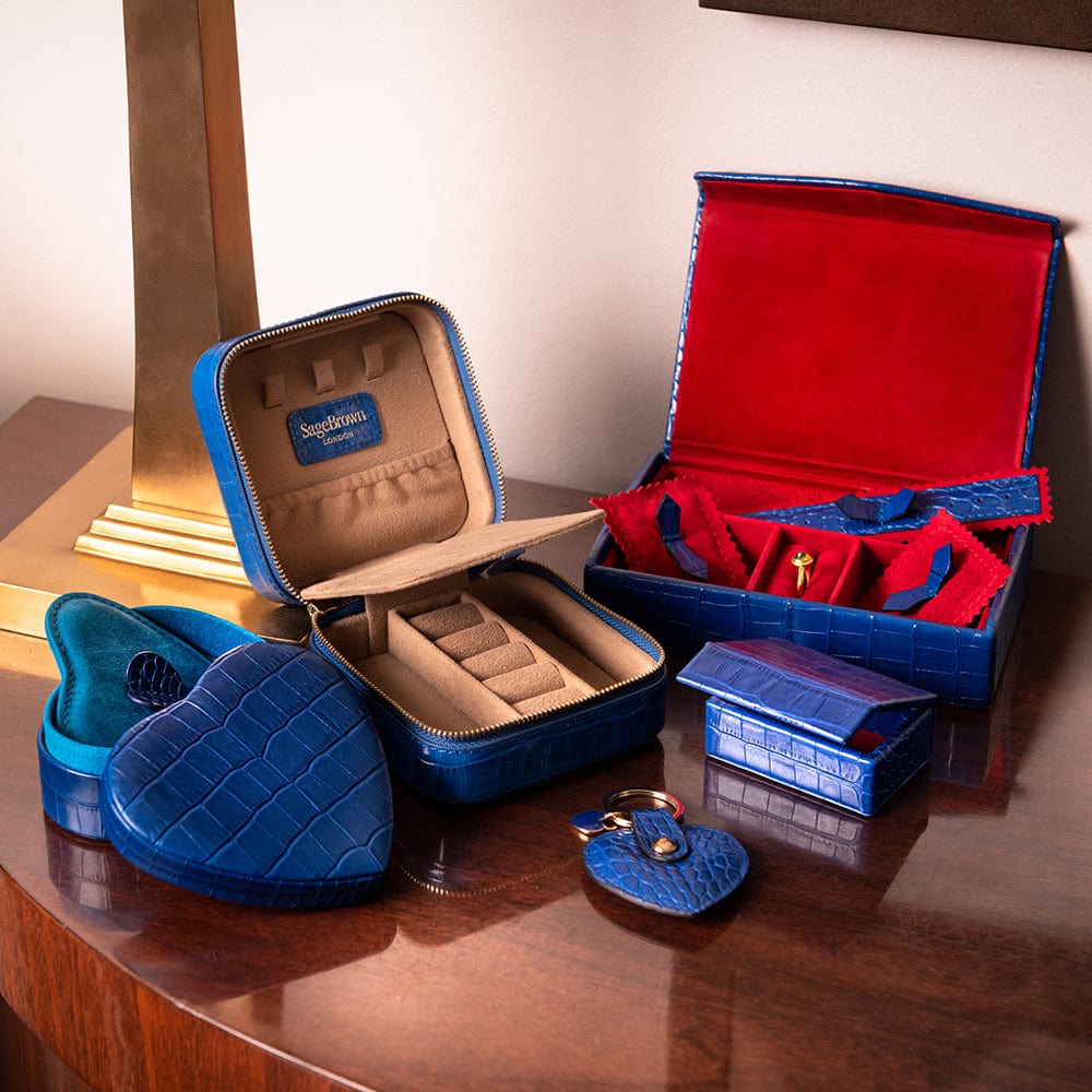 Leather heart shaped jewellery box, cobalt croc, lifestyle