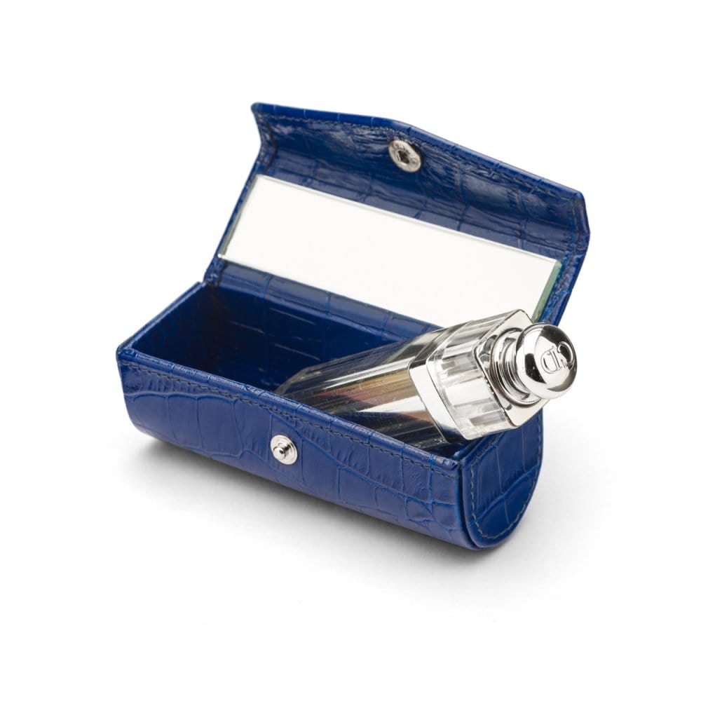 Leather lipstick case. cobalt croc, inside