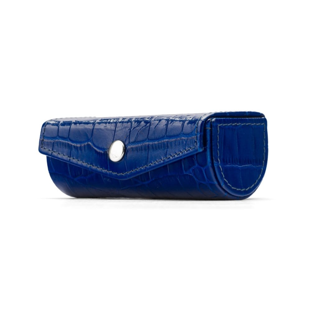 Leather lipstick case. cobalt croc, front