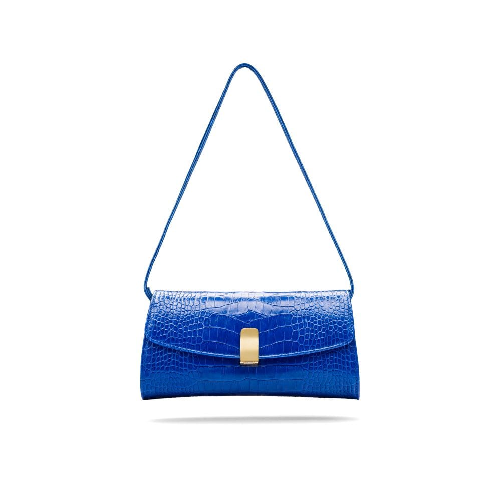 Leather clutch bag, cobalt croc, short strap