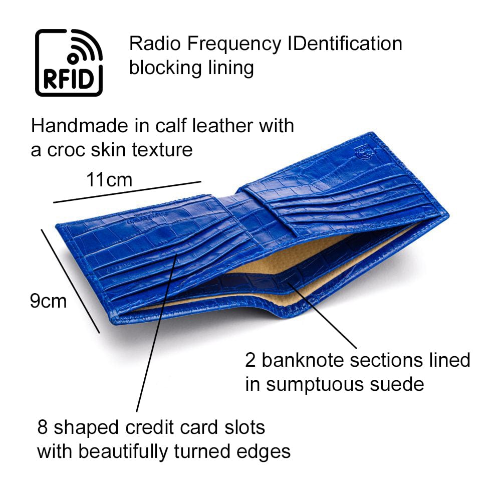 RFID leather wallet for men, cobalt croc, features