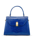Leather top handle bag, cobalt croc, front view