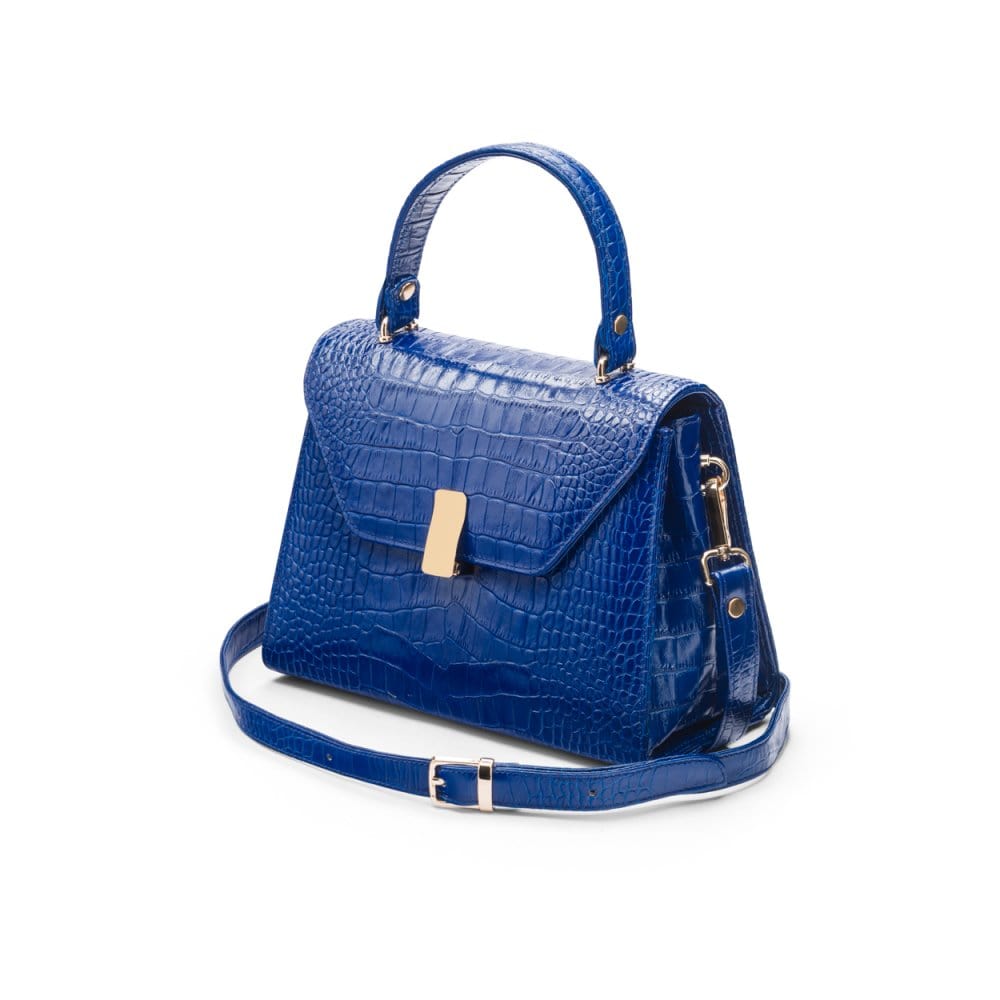 Leather top handle bag, cobalt croc, side