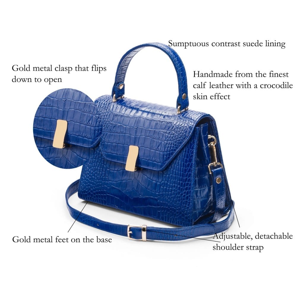 Leather top handle bag, cobalt croc, features