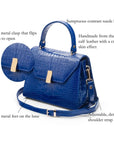 Leather top handle bag, cobalt croc, features