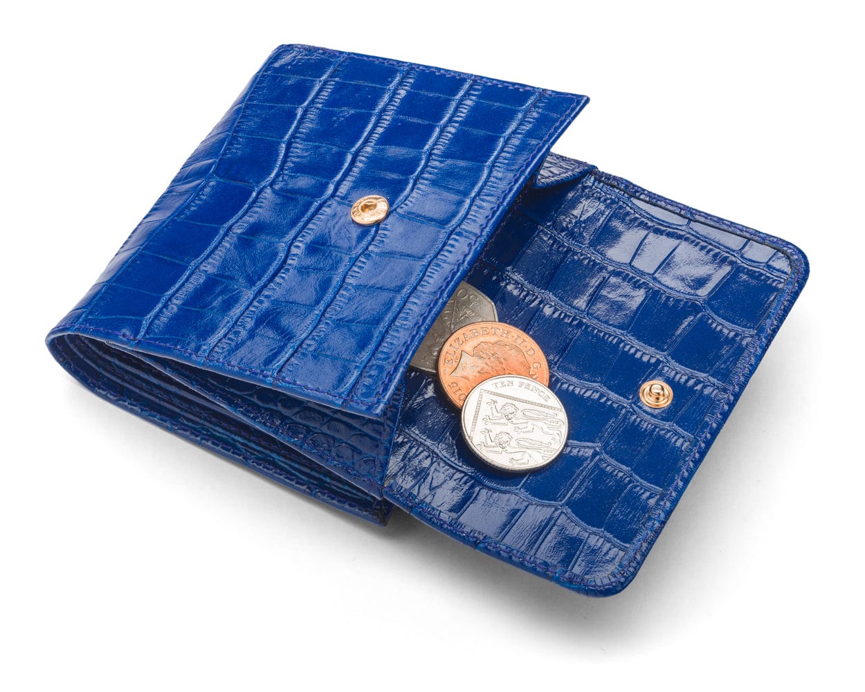 Leather purse with brass clasp, cobalt croc, open