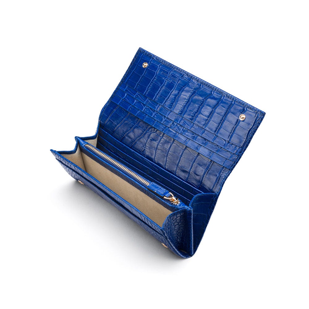 Leather Mayfair concertina purse, cobalt croc, inside