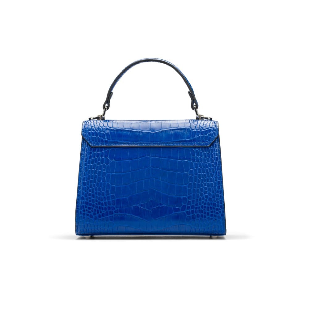 Mini Burnett small top handle bag, cobalt croc, back view