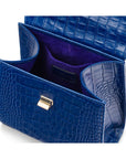 Mini leather Morgan Bag, top handle bag, cobalt croc, inside view