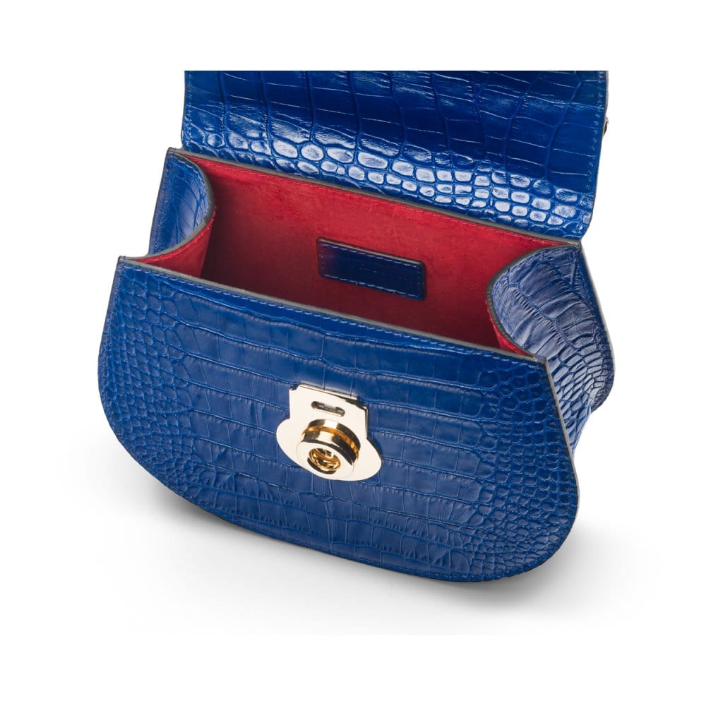 Leather rounded bottom top handle bag, cobalt croc, inside