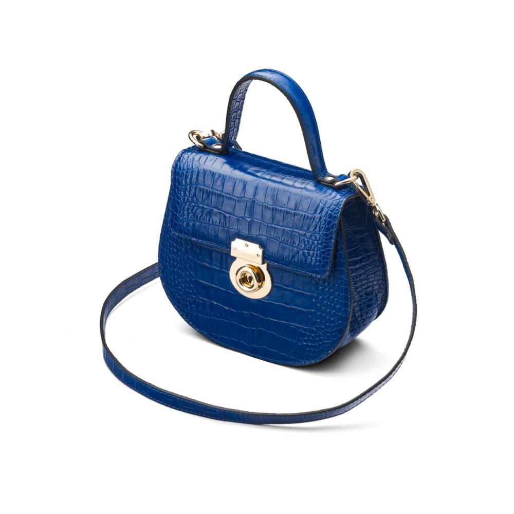 Leather rounded bottom top handle bag, cobalt croc, side