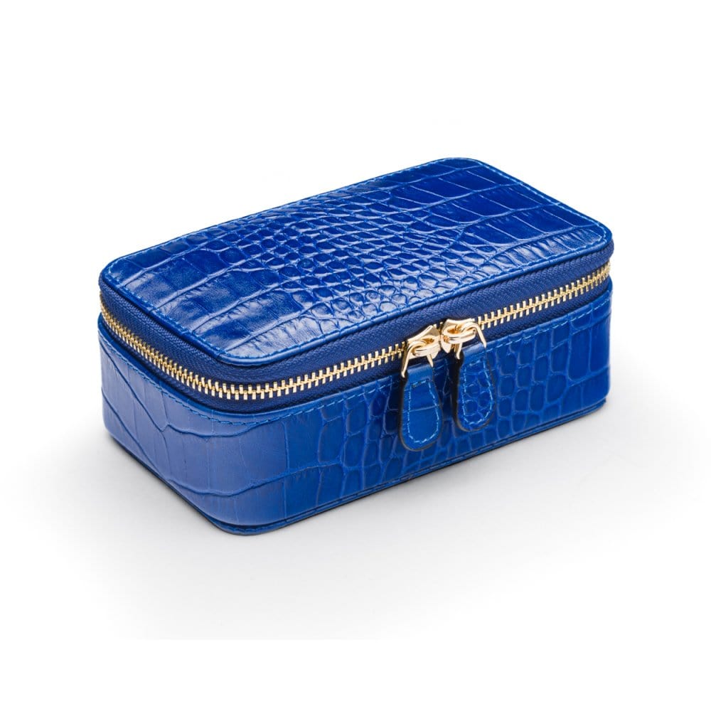 Zip around jewellery case, cobalt croc, front