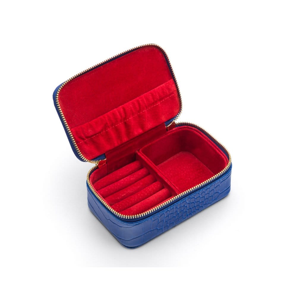 Zip around jewellery case, cobalt croc, open