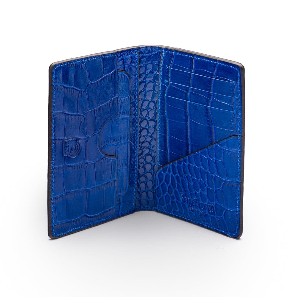 Leather card holder with RFID protection, cobalt croc, open