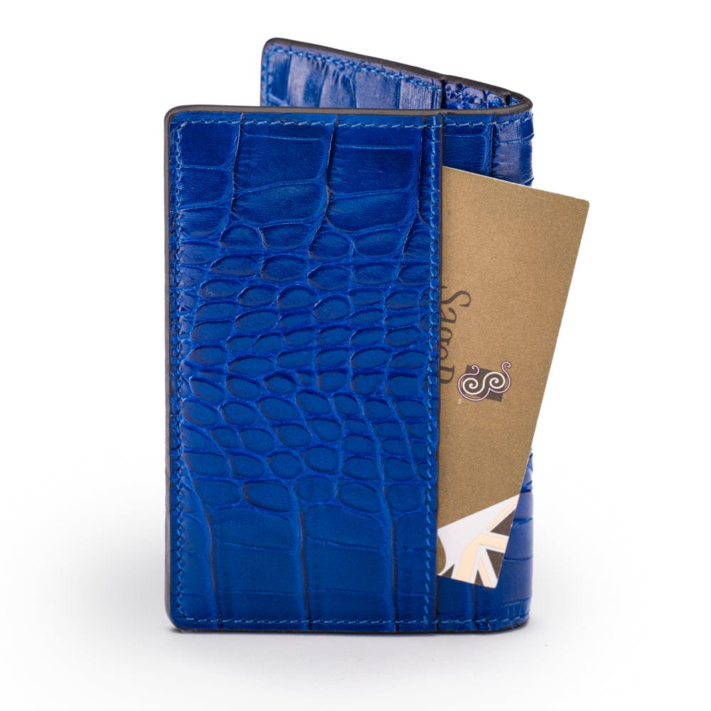 Leather card holder with RFID protection, cobalt croc, back